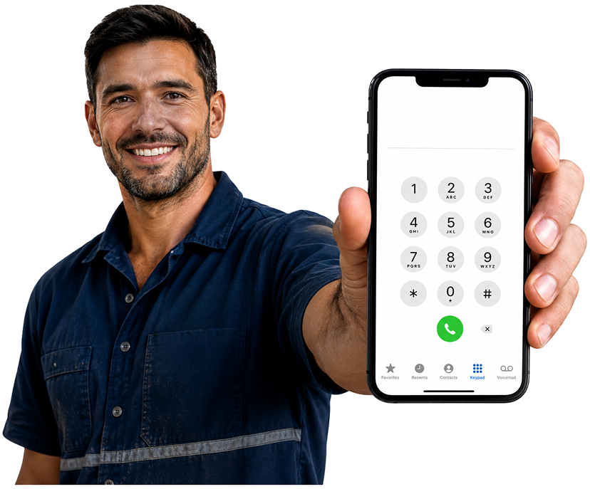 Double Bay Blocked Drains plumber holding a phone — call 1300 261 965