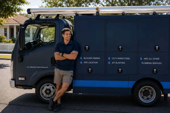 Plumber standing beside a service van in Double Bay