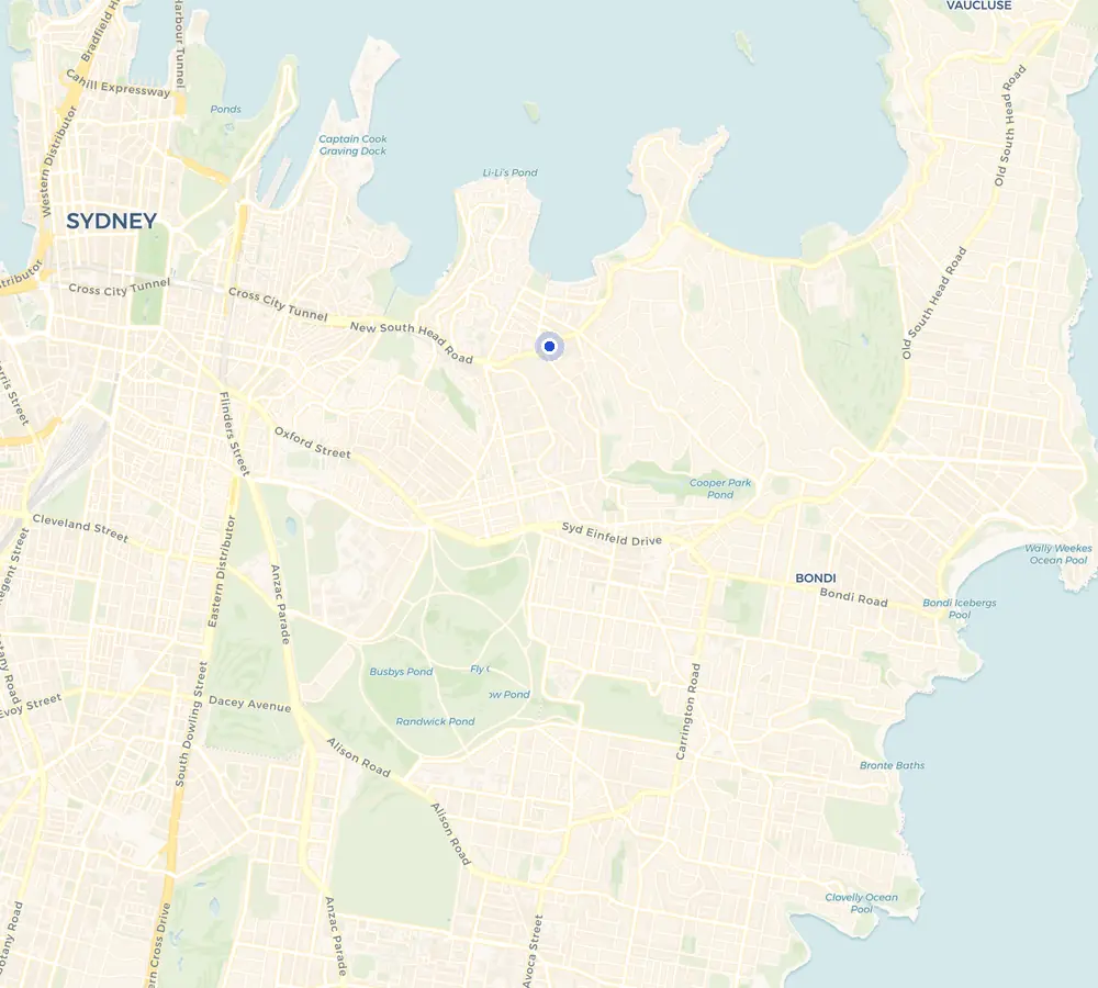 Map of the Double Bay service area and the surrounding Eastern Suburbs, showing Double Bay and the nearby streets we cover.