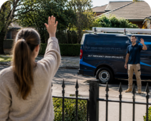 Customer waving goodbye to a Double Bay Blocked Drains plumber
